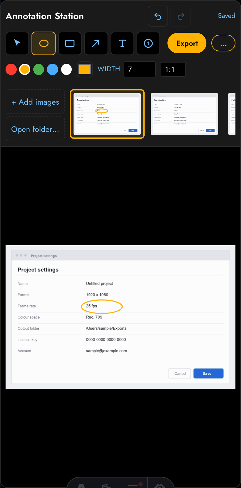 The tool at phone width, with the thumbnail filmstrip and the toolbar in one row
