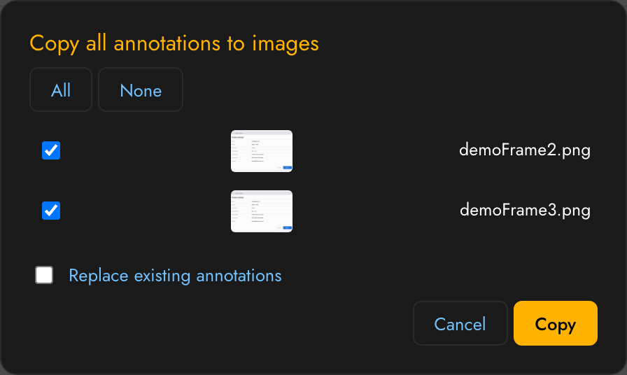 The Copy all annotations picker, listing the other images with a Replace existing annotations checkbox left unchecked