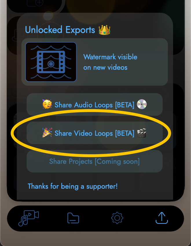 Share Tab showing the Share Audio Loops button